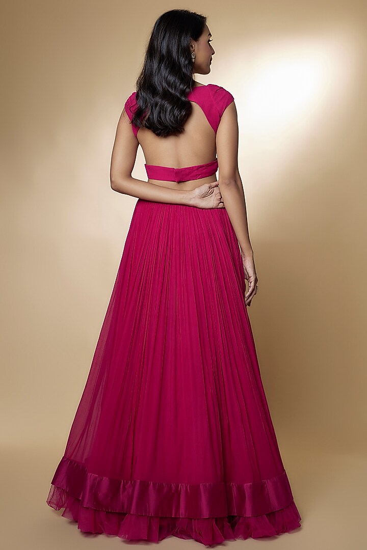 Fuchsia Chiffon Ruched Skirt Set by Ridhi Mehra at Pernia's Pop Up Shop