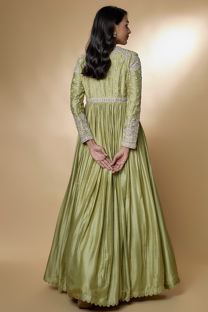 Mint Fine Silk Embroidered Bridal Anarkali Set by Ridhi Mehra at Pernia's Pop Up Shop