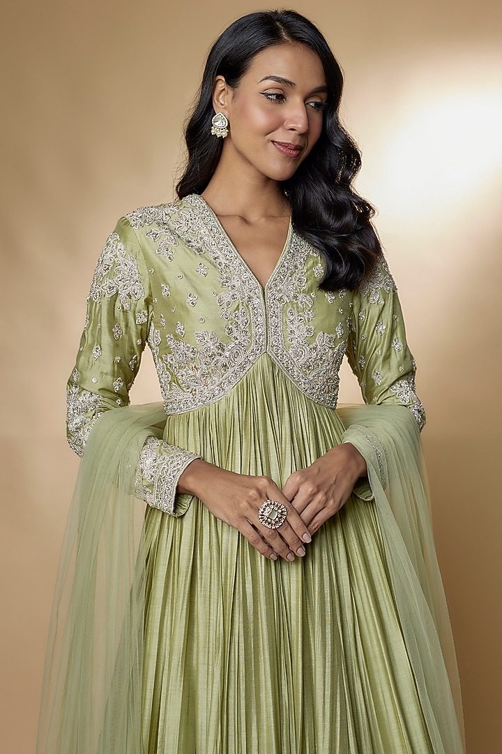 Mint Fine Silk Embroidered Bridal Anarkali Set by Ridhi Mehra at Pernia's Pop Up Shop