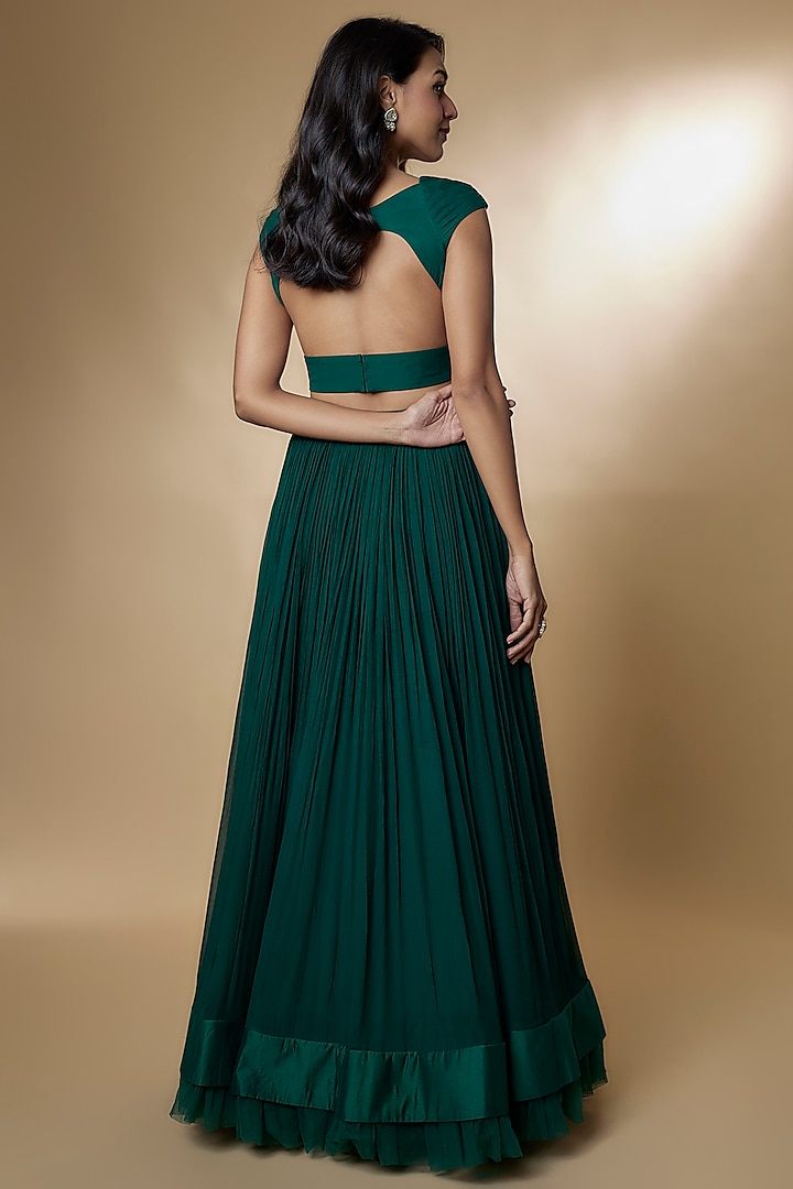 Emerald Green Chiffon Ruched Skirt Set by Ridhi Mehra at Pernia's Pop Up Shop