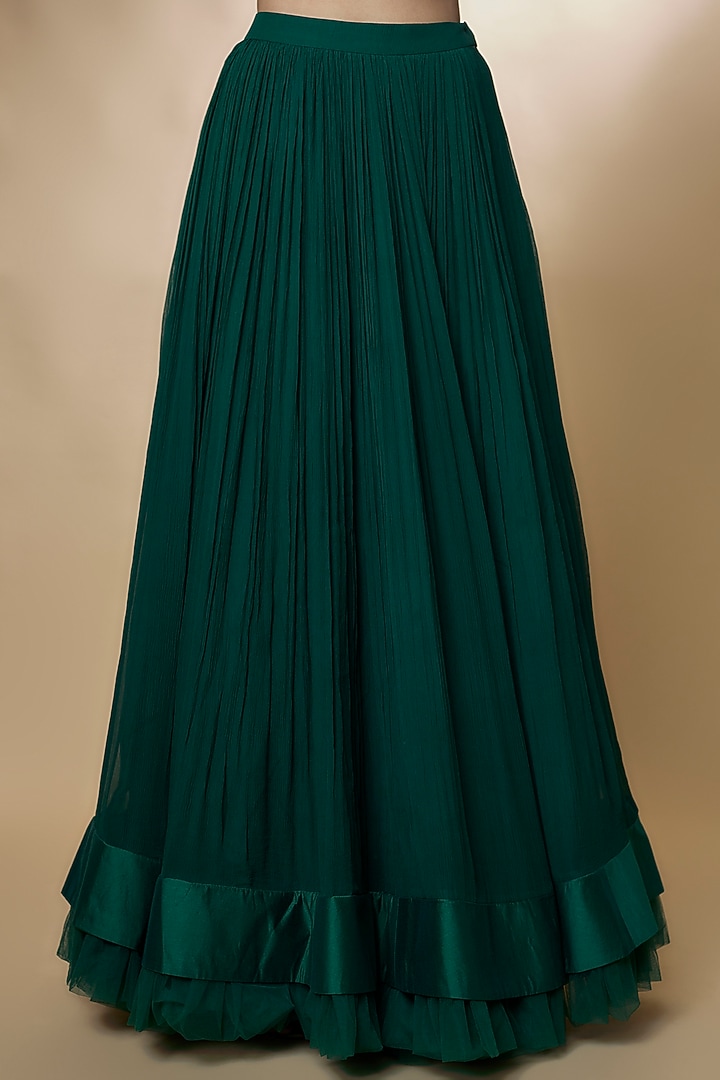 Emerald Green Chiffon Ruched Skirt Set by Ridhi Mehra at Pernia's Pop Up Shop