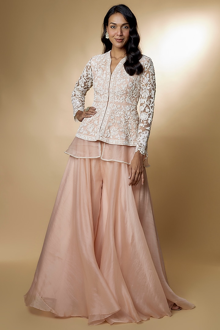 Peach Organza Bridal Sharara Set by Ridhi Mehra at Pernia's Pop Up Shop