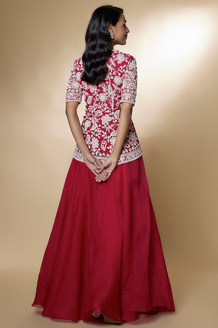 Red Organza & Chiffon Bridal Sharara Set by Ridhi Mehra at Pernia's Pop Up Shop