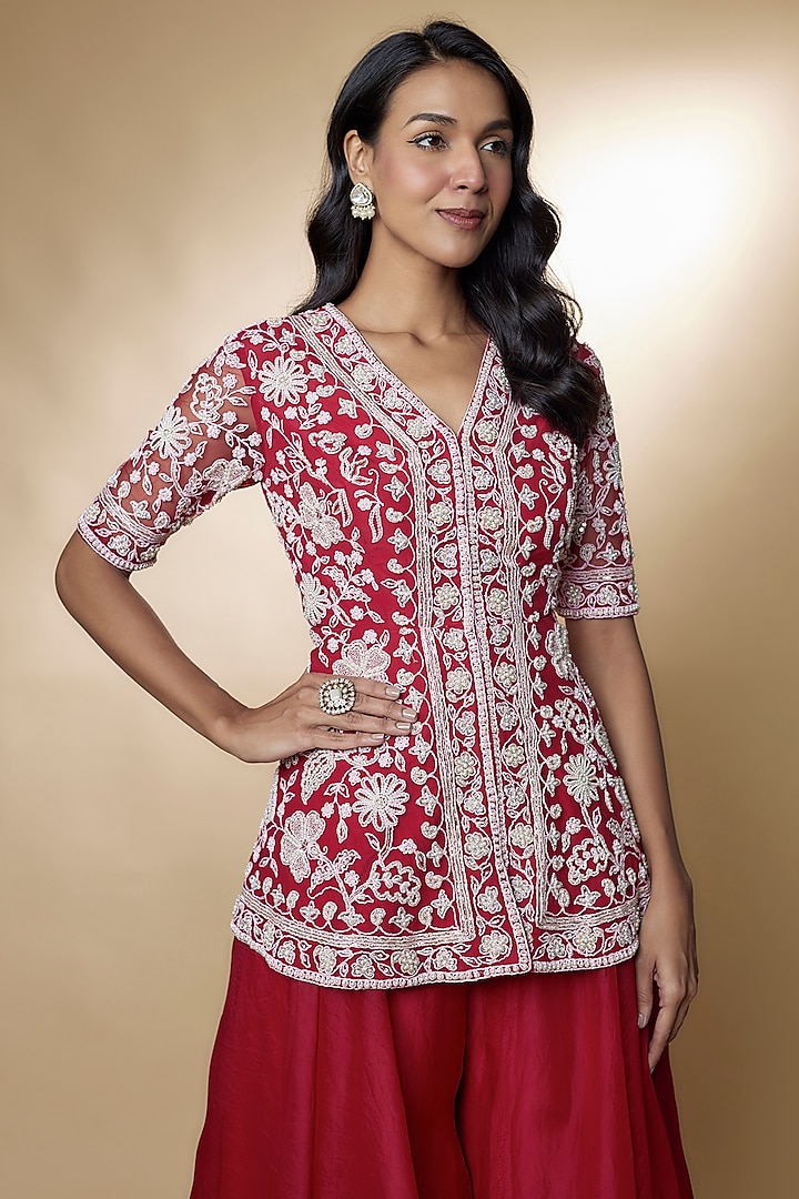 Red Organza & Chiffon Bridal Sharara Set by Ridhi Mehra at Pernia's Pop Up Shop
