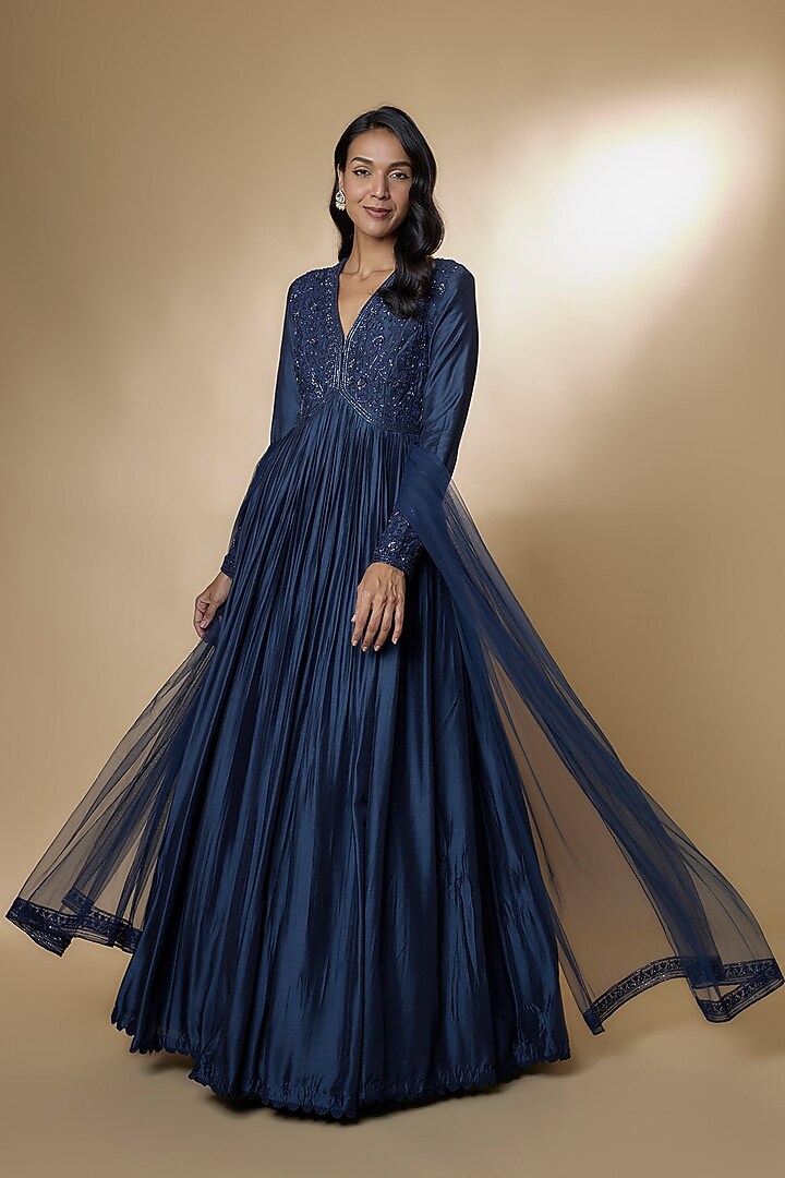 Navy Blue Anarkali Gown With Belt Navy Blue Fine Silk Embroidered