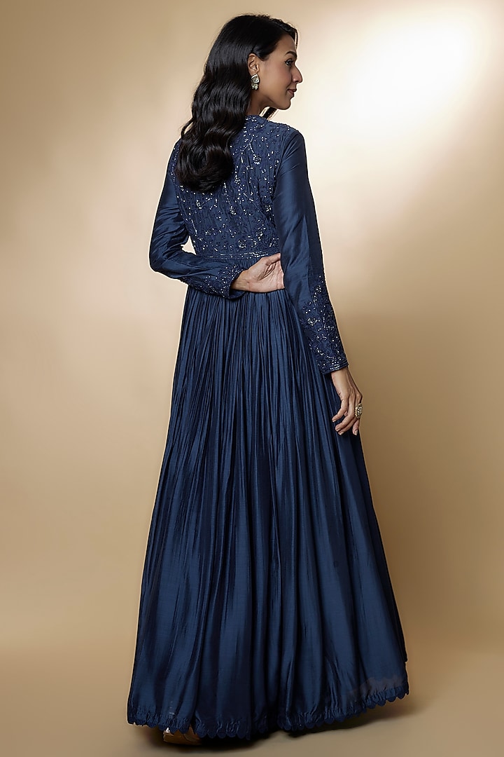 Navy Blue Fine Silk Embroidered Bridal Anarkali Set by Ridhi Mehra at Pernia's Pop Up Shop