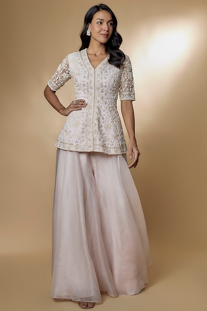 Light Pink Chiffon Organza Bridal Sharara Set by Ridhi Mehra at Pernia's Pop Up Shop