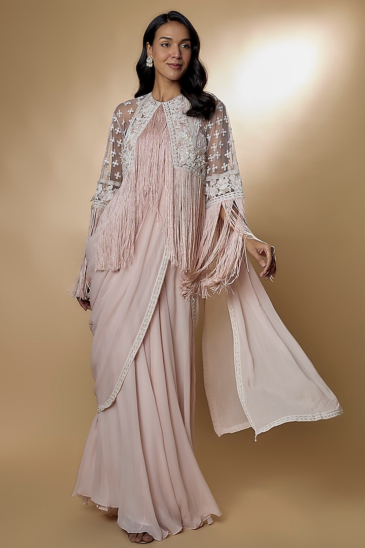 Blush Pink Georgette Embroidered Jacket Saree Set by Ridhi Mehra at Pernia's Pop Up Shop