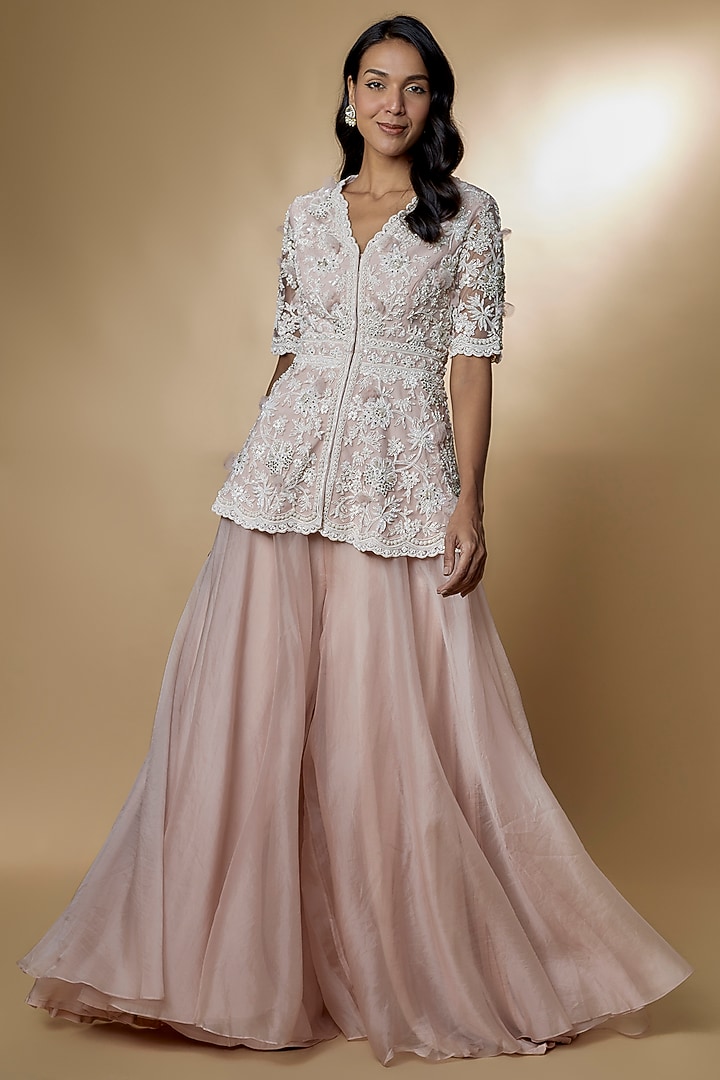 Blush Pink Chiffon Organza Bridal Sharara Set by Ridhi Mehra at Pernia's Pop Up Shop
