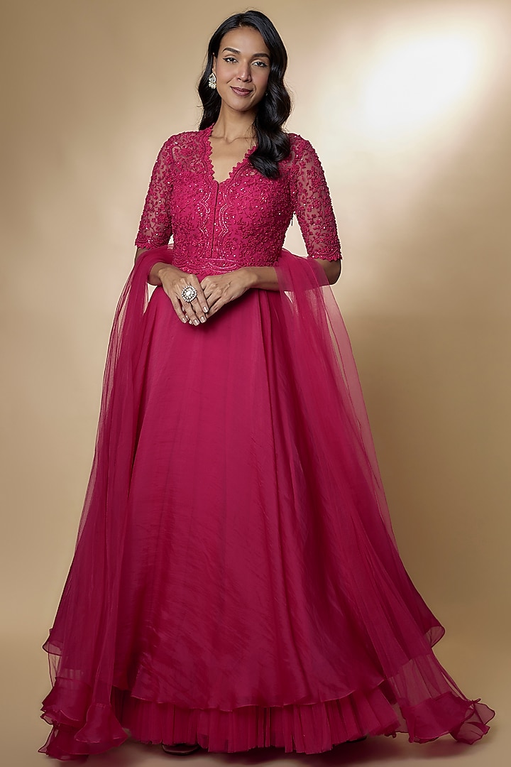 Fuchsia Organza Embroidered Anarkali Set by Ridhi Mehra at Pernia's Pop Up Shop