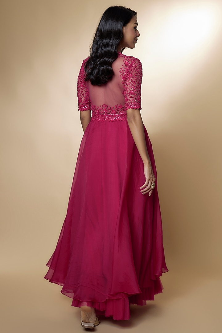 Fuchsia Organza Embroidered Bridal Anarkali Set by Ridhi Mehra at Pernia's Pop Up Shop