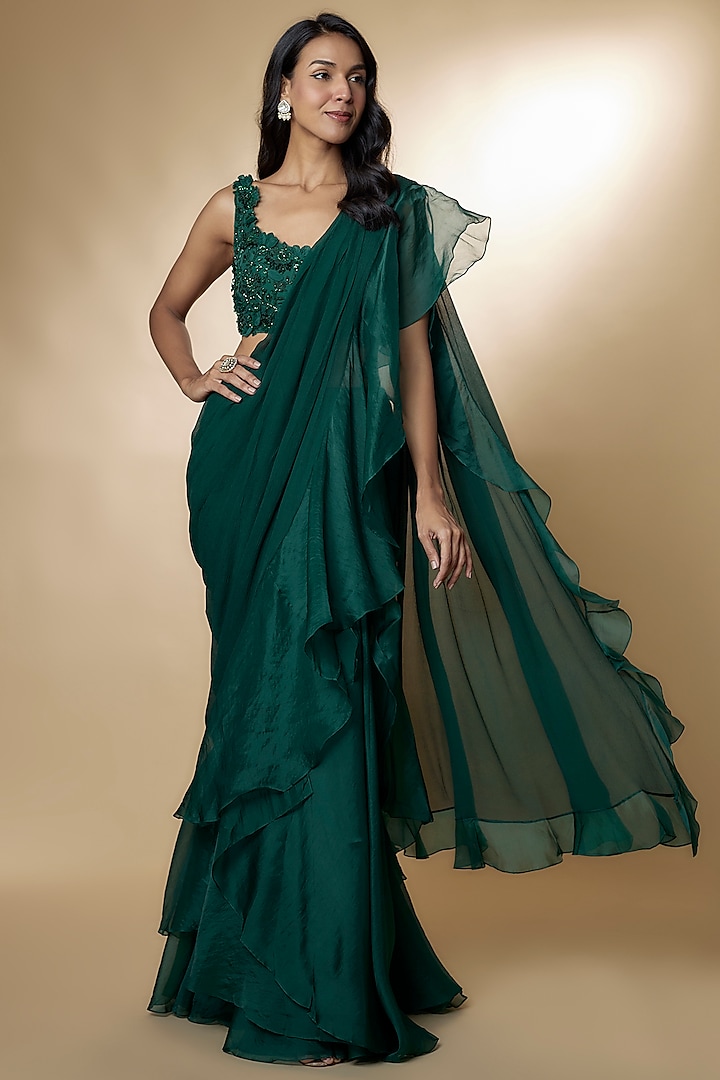 Emerald Green Chiffon Organza Draped Ruffled Reception Saree Set by Ridhi Mehra at Pernia's Pop Up Shop