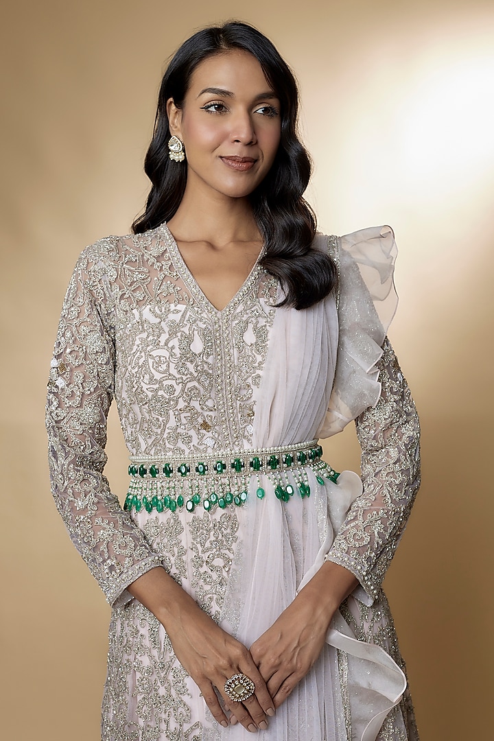 Light Pink Chiffon Embellished Bridal Anarkali Set by Ridhi Mehra at Pernia's Pop Up Shop