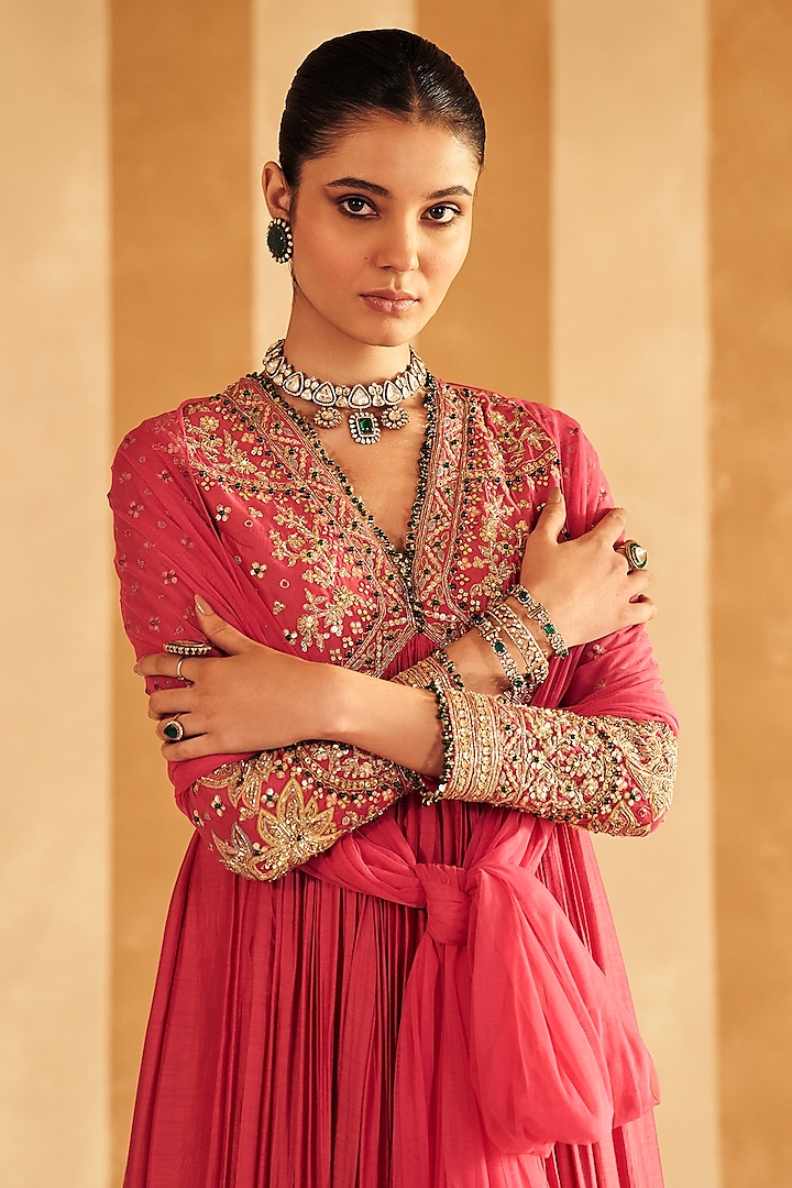 Royal Fuchsia Silk Embroidered Bridal Anarkali Set by Ridhi Mehra at Pernia's Pop Up Shop
