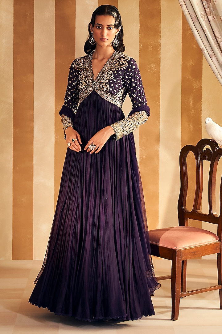 Purple Silk Embroidered Anarkali Set by Ridhi Mehra