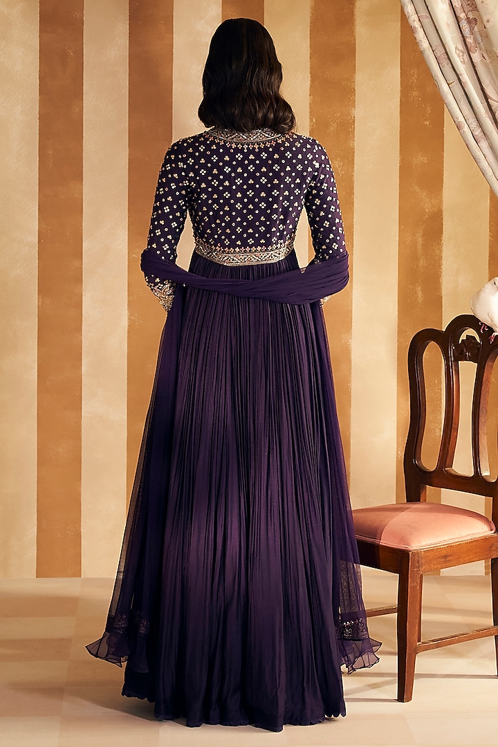 Purple Silk Embroidered Bridal Anarkali Set by Ridhi Mehra at Pernia's Pop Up Shop