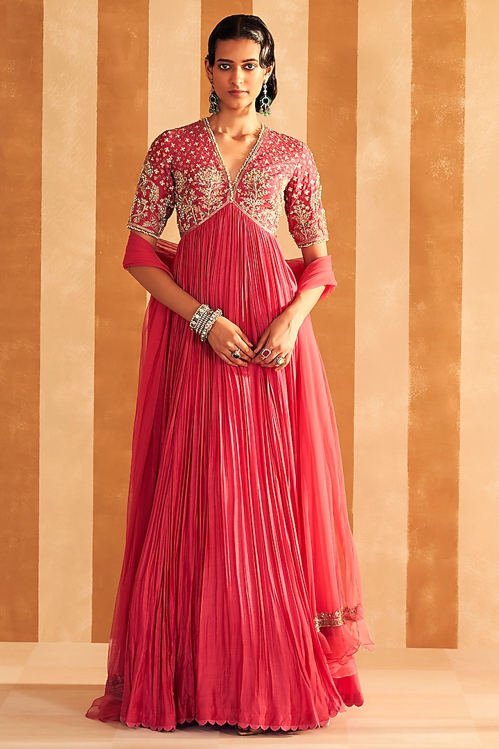 Royal Fuchsia Silk Embroidered Anarkali Set by Ridhi Mehra