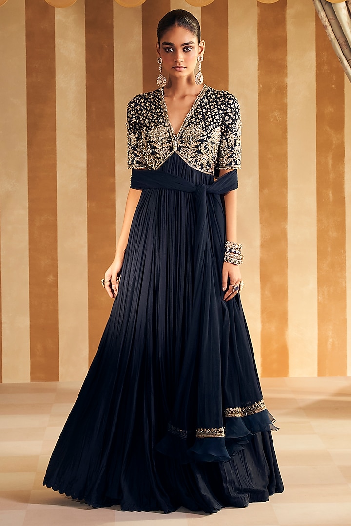 Navy Silk Embroidered Anarkali Set by Ridhi Mehra at Pernia's Pop Up Shop