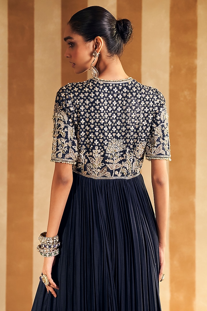 Navy Silk Embroidered Bridal Anarkali Set by Ridhi Mehra at Pernia's Pop Up Shop