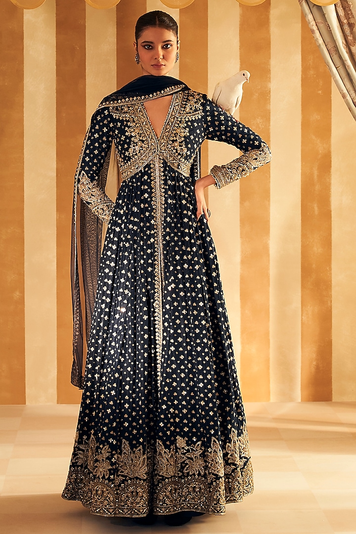 Navy Silk Embroidered Anarkali Set by Ridhi Mehra