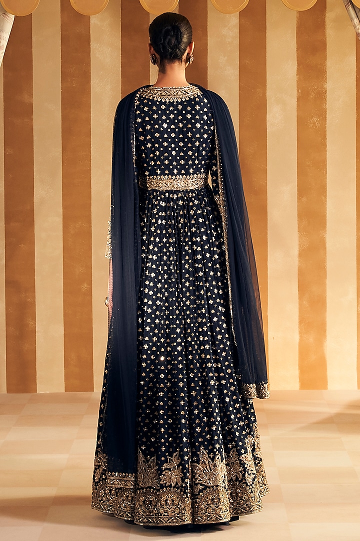 Navy Silk Embroidered Bridal Anarkali Set by Ridhi Mehra at Pernia's Pop Up Shop