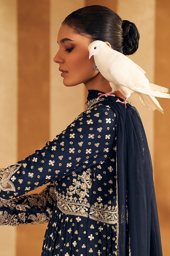 Navy Silk Embroidered Bridal Anarkali Set by Ridhi Mehra at Pernia's Pop Up Shop