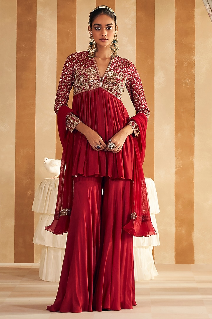 Red Silk Embroidered Short Bridal Anarkali Set by Ridhi Mehra at Pernia's Pop Up Shop