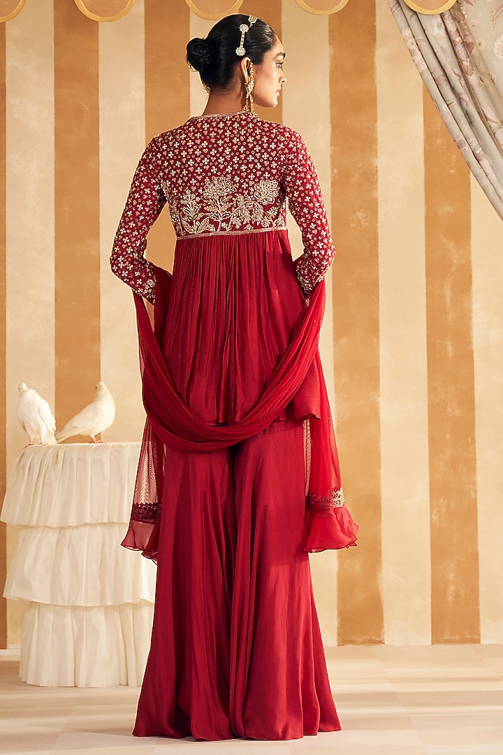Red Silk Embroidered Short Bridal Anarkali Set by Ridhi Mehra at Pernia's Pop Up Shop