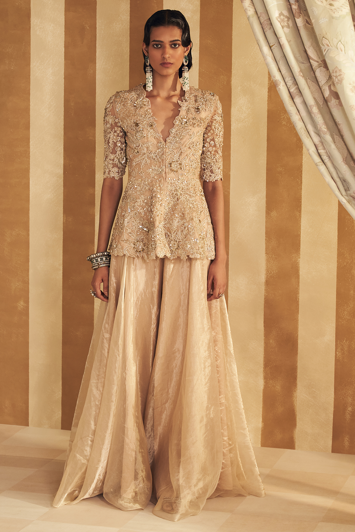Champagne Tissue Flared Bridal Sharara Set by Ridhi Mehra at Pernia's Pop Up Shop