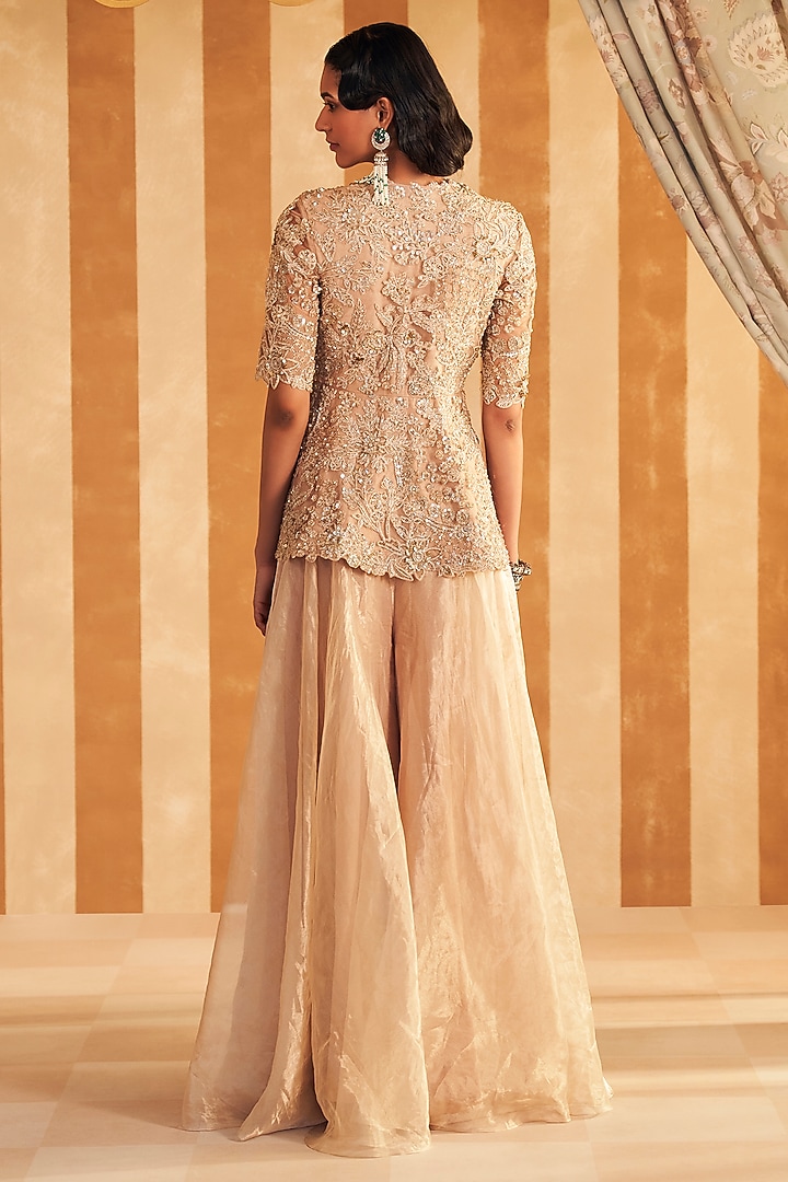 Champagne Tissue Flared Bridal Sharara Set by Ridhi Mehra at Pernia's Pop Up Shop