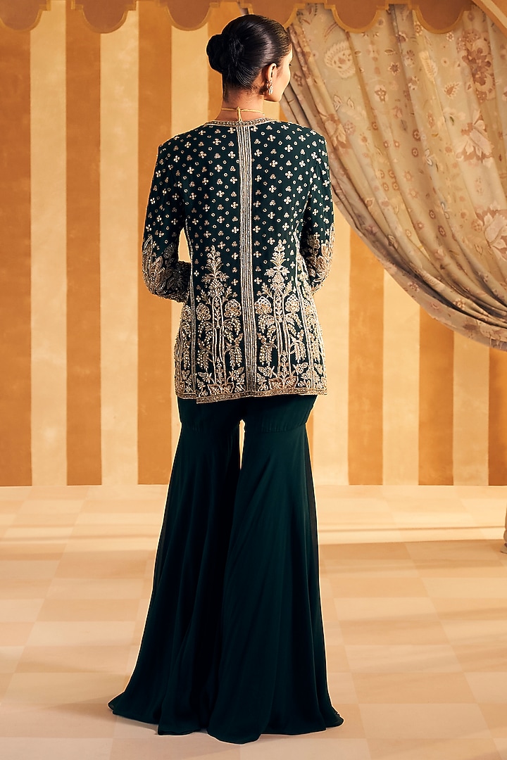 Emerald Green Georgette Embroidered Jacket Set by Ridhi Mehra at Pernia's Pop Up Shop