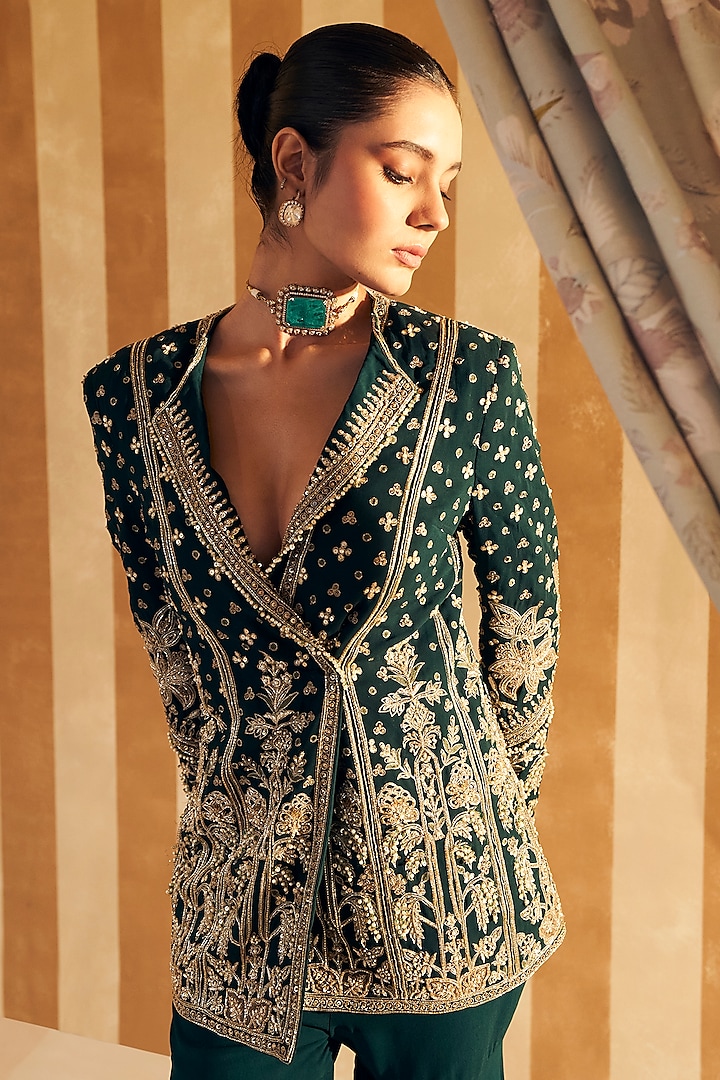 Emerald Green Georgette Embroidered Jacket Set by Ridhi Mehra at Pernia's Pop Up Shop