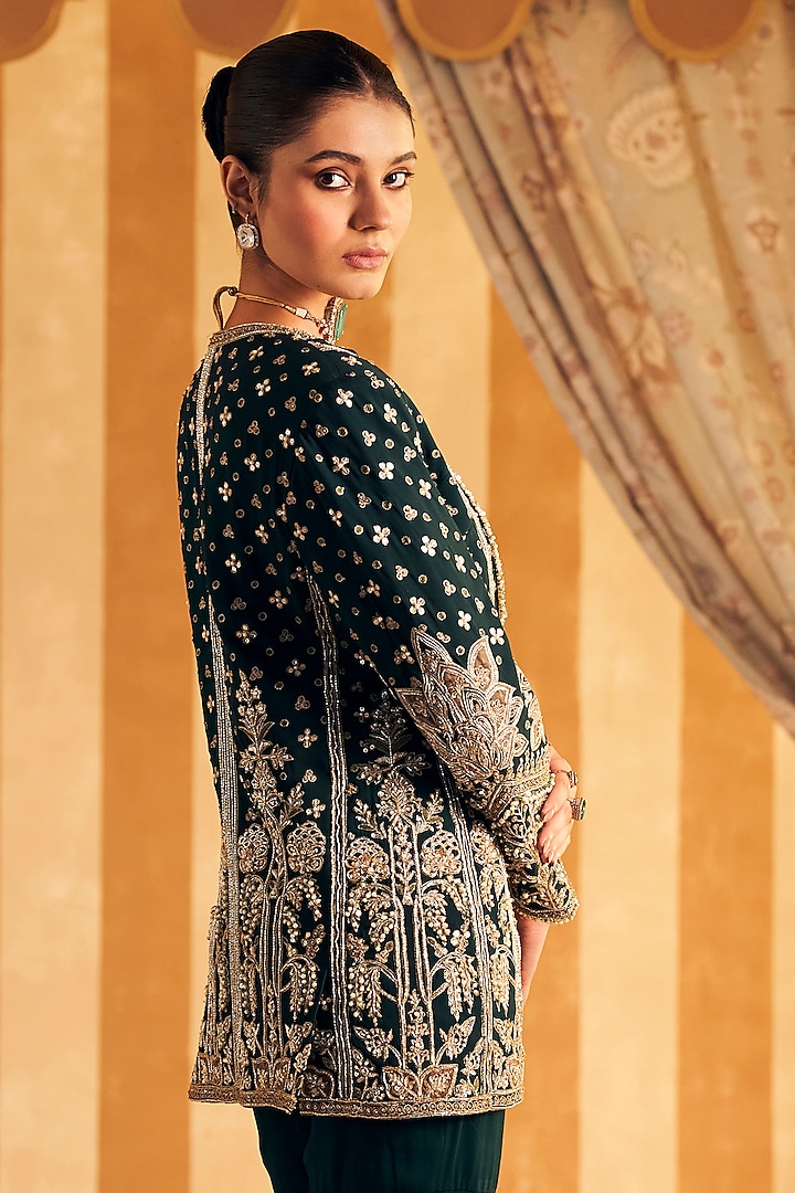 Emerald Green Georgette Embroidered Jacket Set by Ridhi Mehra at Pernia's Pop Up Shop