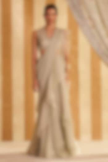 Silver Green Chiffon & Organza Ruffled Draped Saree Set by Ridhi Mehra