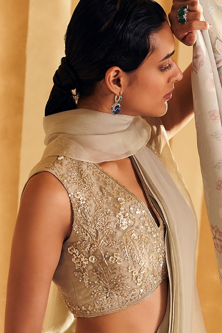 Silver Green Chiffon & Organza Ruffled Draped Reception Saree Set by Ridhi Mehra at Pernia's Pop Up Shop