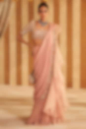 Dusky Pink Chiffon & Organza Ruffled Draped Saree Set by Ridhi Mehra at Pernia's Pop Up Shop