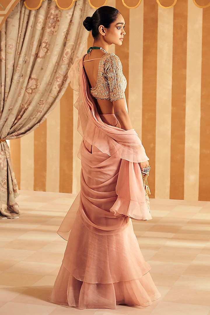 Dusky Pink Chiffon & Organza Ruffled Draped Reception Saree Set by Ridhi Mehra at Pernia's Pop Up Shop