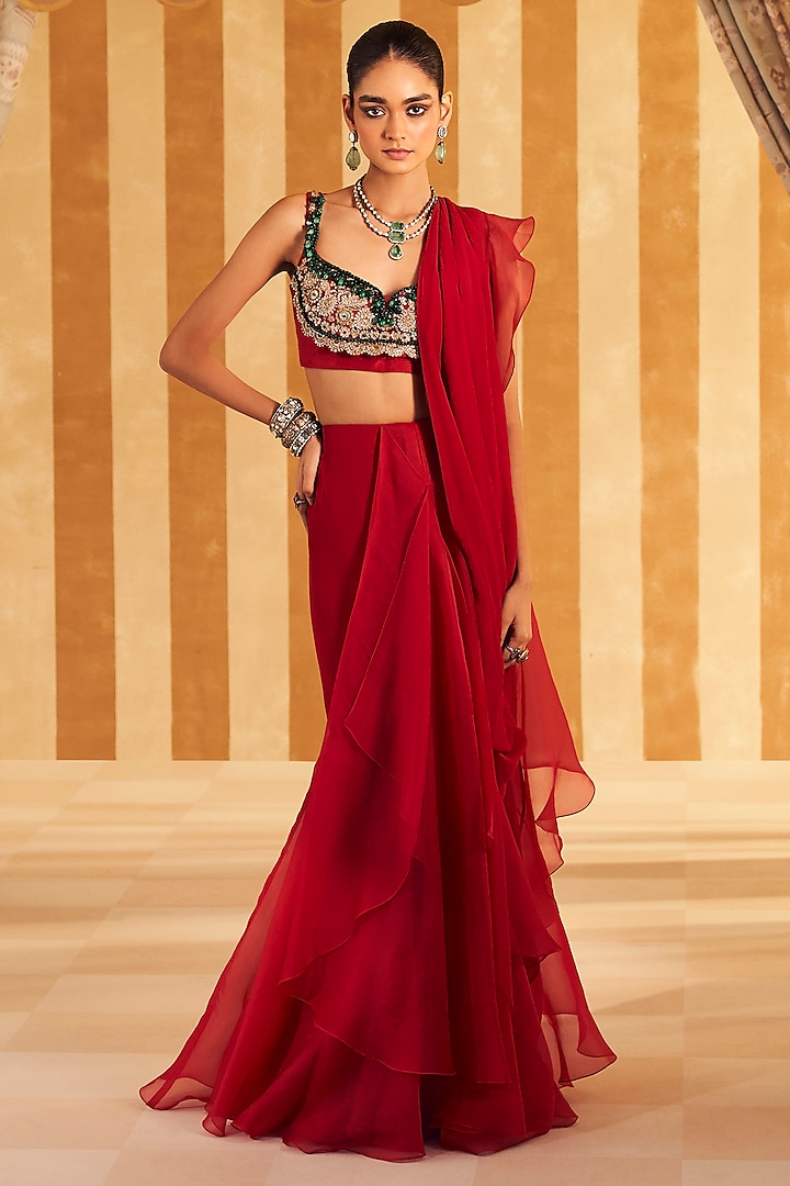 Red Chiffon & Organza Ruffled Draped Saree Set by Ridhi Mehra at Pernia's Pop Up Shop