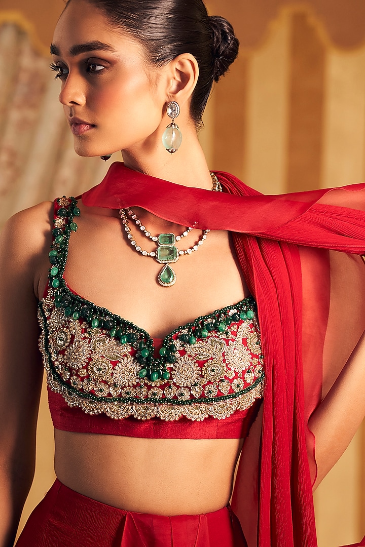 Red Chiffon & Organza Ruffled Draped Reception Saree Set by Ridhi Mehra at Pernia's Pop Up Shop