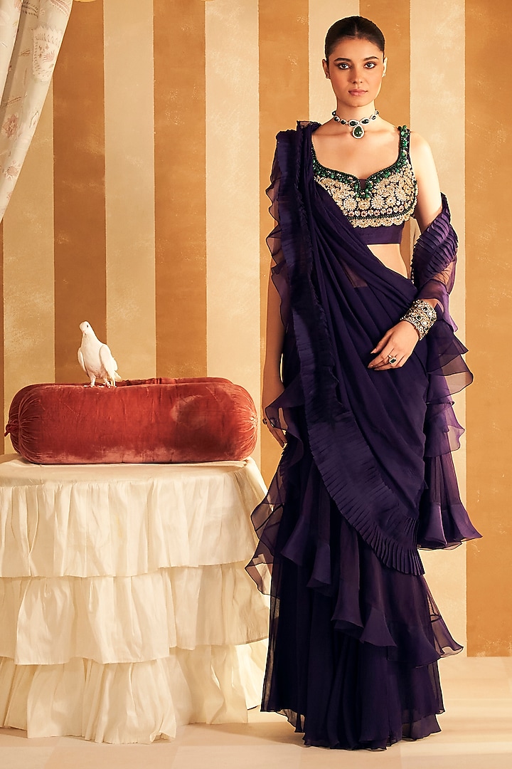 Purple Chiffon & Organza Ruffled Draped Saree Set by Ridhi Mehra