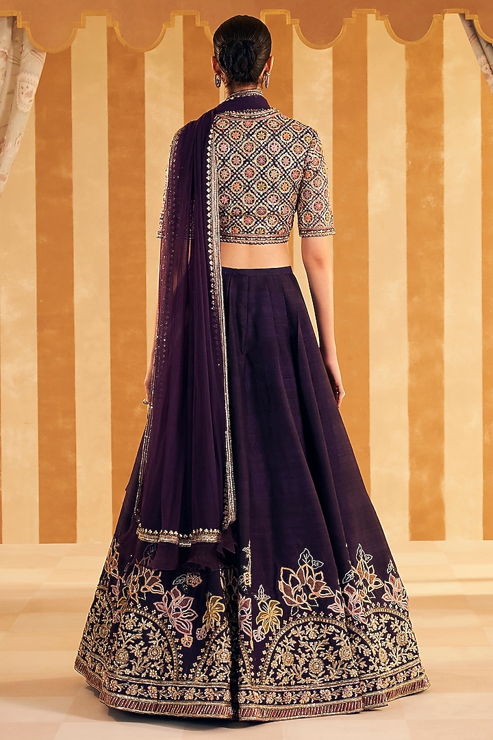 Purple Raw Silk Embroidered Bridal Lehenga Set by Ridhi Mehra at Pernia's Pop Up Shop