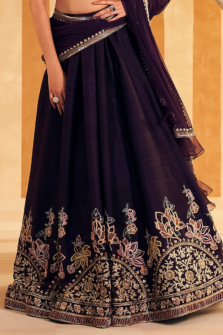 Purple Raw Silk Embroidered Bridal Lehenga Set by Ridhi Mehra at Pernia's Pop Up Shop