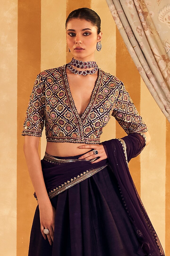 Purple Raw Silk Embroidered Bridal Lehenga Set by Ridhi Mehra at Pernia's Pop Up Shop