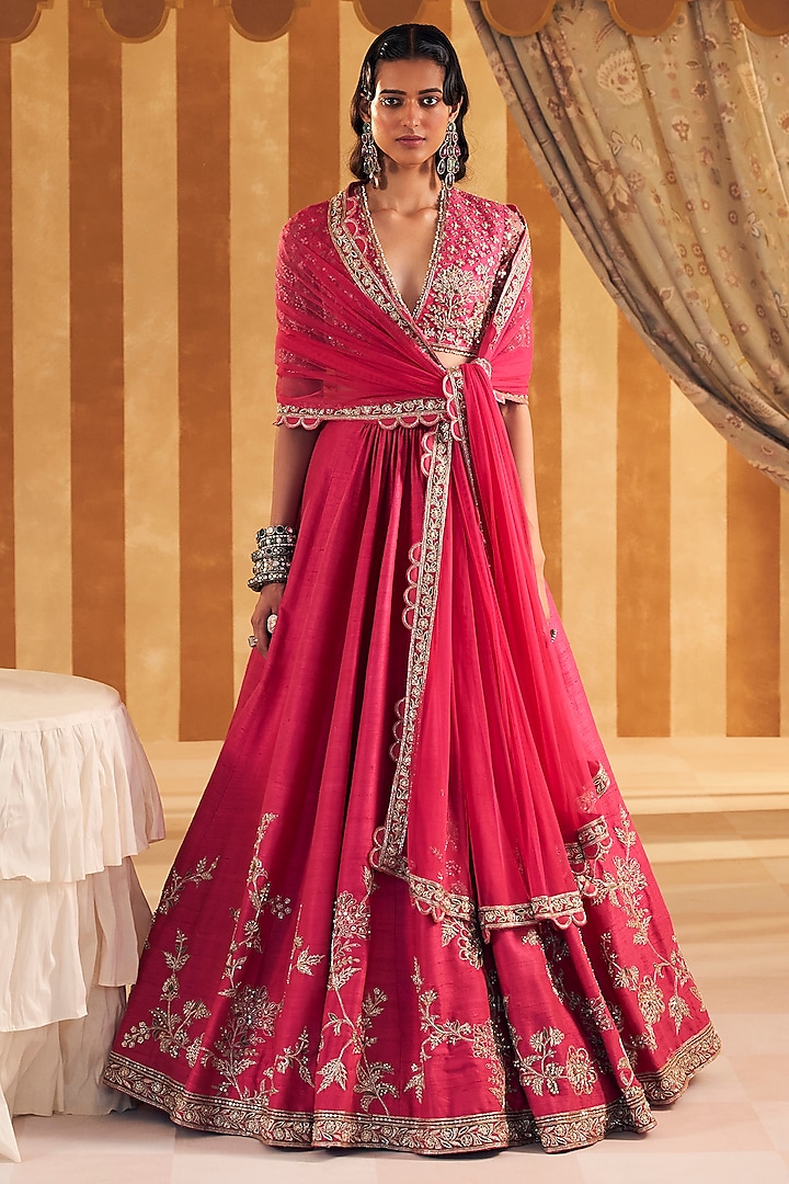 Royal Fuchsia Raw Silk Embroidered Bridal Lehenga Set by Ridhi Mehra at Pernia's Pop Up Shop