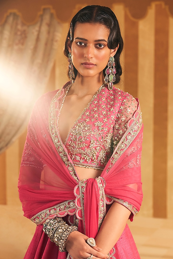 Royal Fuchsia Raw Silk Embroidered Bridal Lehenga Set by Ridhi Mehra at Pernia's Pop Up Shop