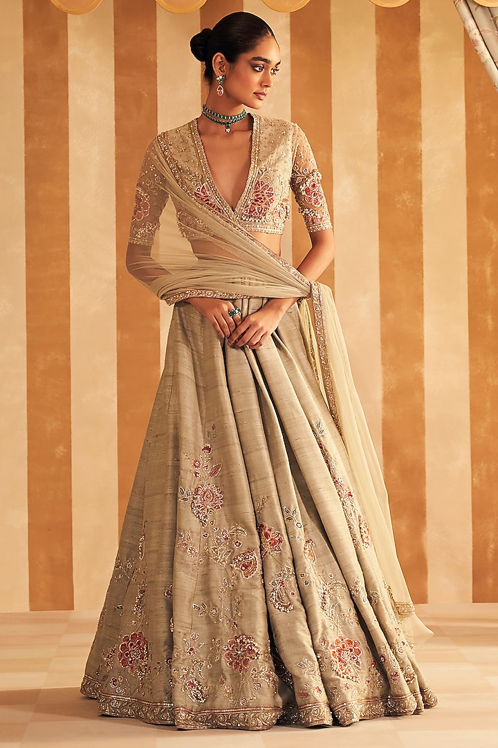 Silver Green Raw Silk Embroidered Bridal Lehenga Set by Ridhi Mehra at Pernia's Pop Up Shop