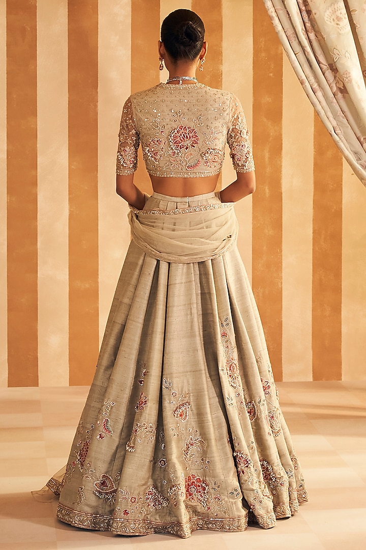 Silver Green Raw Silk Embroidered Bridal Lehenga Set by Ridhi Mehra at Pernia's Pop Up Shop