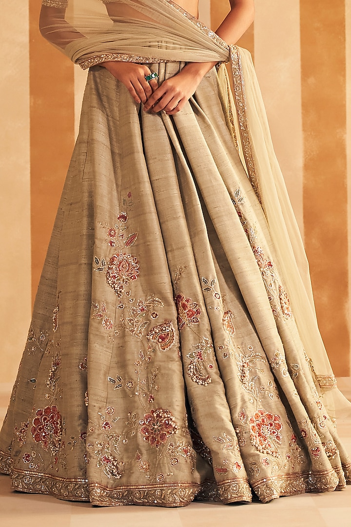 Silver Green Raw Silk Embroidered Bridal Lehenga Set by Ridhi Mehra at Pernia's Pop Up Shop