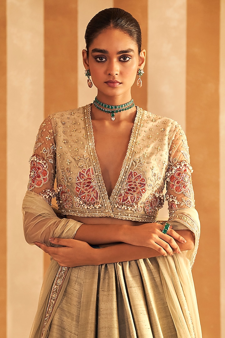 Silver Green Raw Silk Embroidered Bridal Lehenga Set by Ridhi Mehra at Pernia's Pop Up Shop