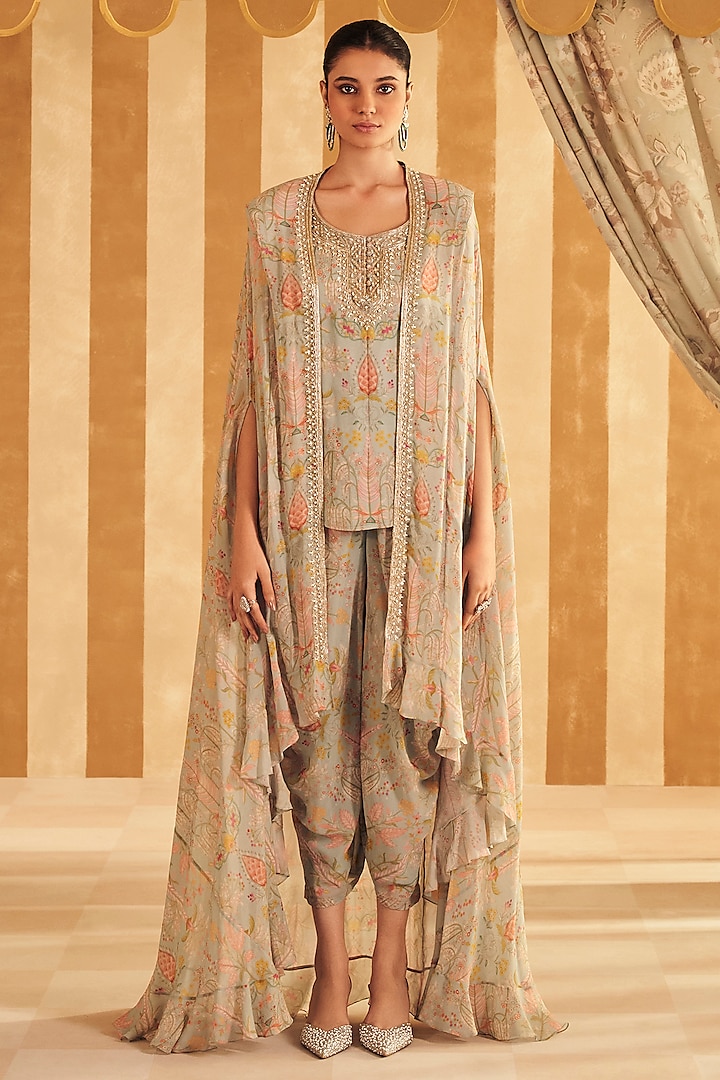 Powder Blue Georgette Printed & Embroidered Kurta Set by Ridhi Mehra at Pernia's Pop Up Shop